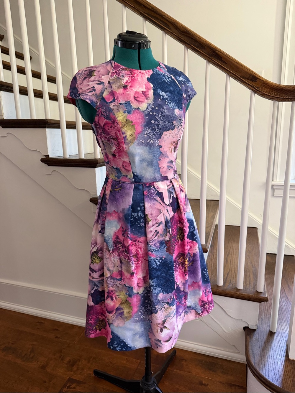 Warehouse Pink and Blue Floral Fit-and-Flare Midi Dress